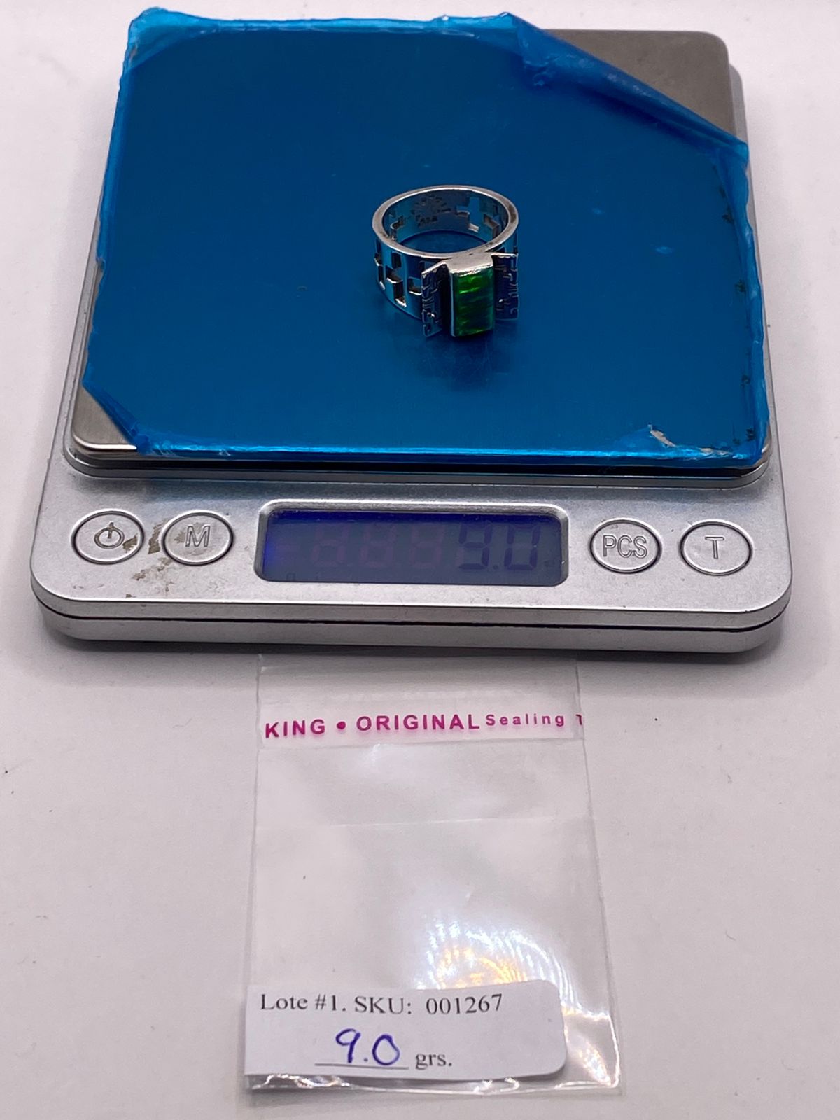 Anillo Greca Calada con Ópalo Azul y Verde en Plata Ley 950