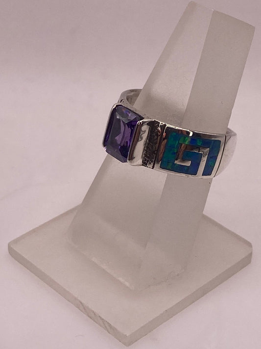 ANILLO GRECA ÓPALO AZUL-VERDE & ZIRCONIA AMATISTA PLATA 950, vista frontal