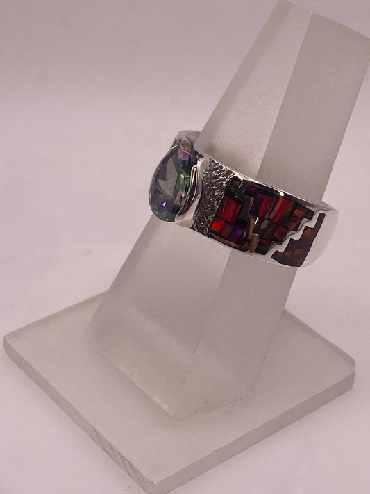 Anillo Greca Ópalo de Fuego Rojo & Zirconia Mística Plata 950, vista frontal