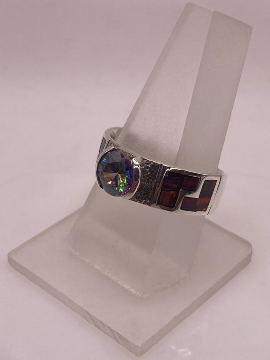 Anillo Greca Ópalo Rojo-borgoña & Zirconia Mística Arcoíris Plata 950, vista frontal