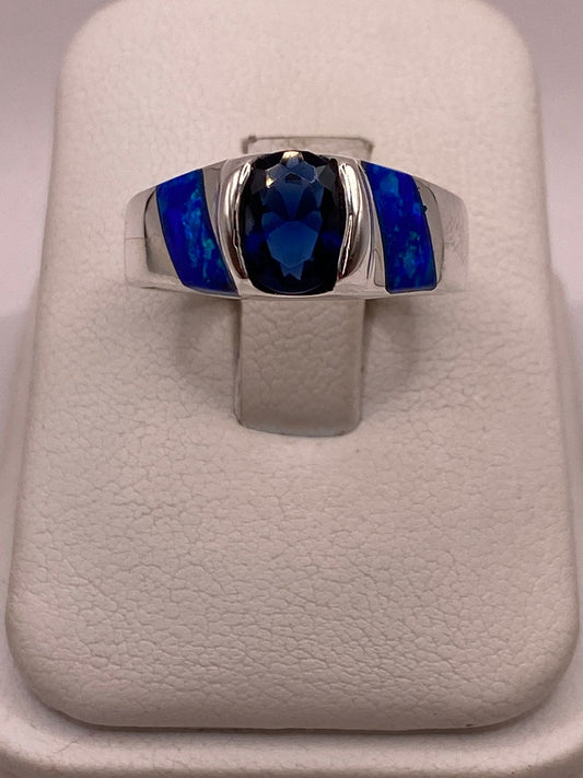 Anillo con Ópalo de Fuego y Zirconia Azul en Plata Ley .950, vista frontal