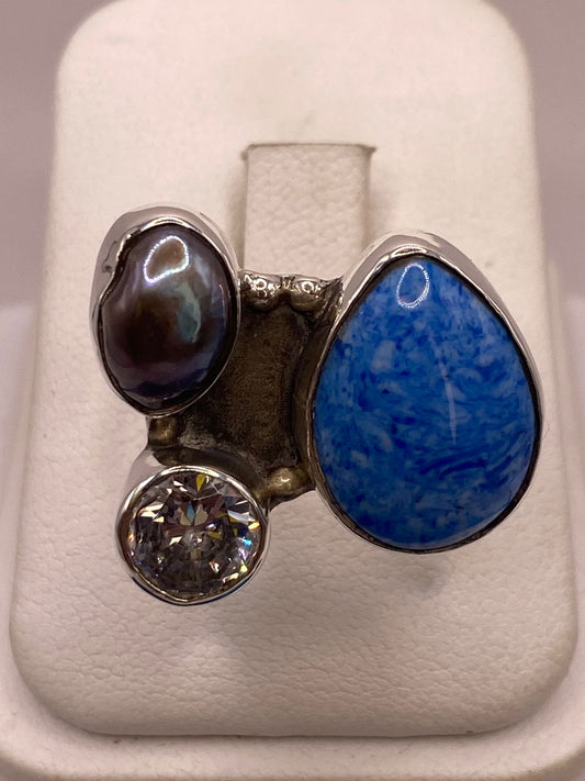 Anillo de Plata Ley 925 con Jaspe Azul, Nácar y Zirconia, vista frontal
