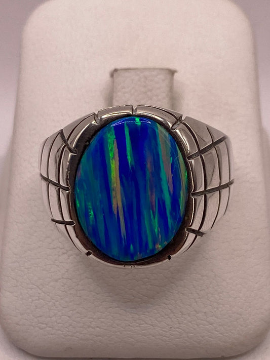 Anillo de Plata Ley 925 con Ópalo de Fuego Azul, vista frontal