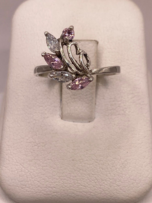 Anillo de Plata 925 con Zirconias Rosas y Blancas, Diseño Floral Abstracto, vista frontal