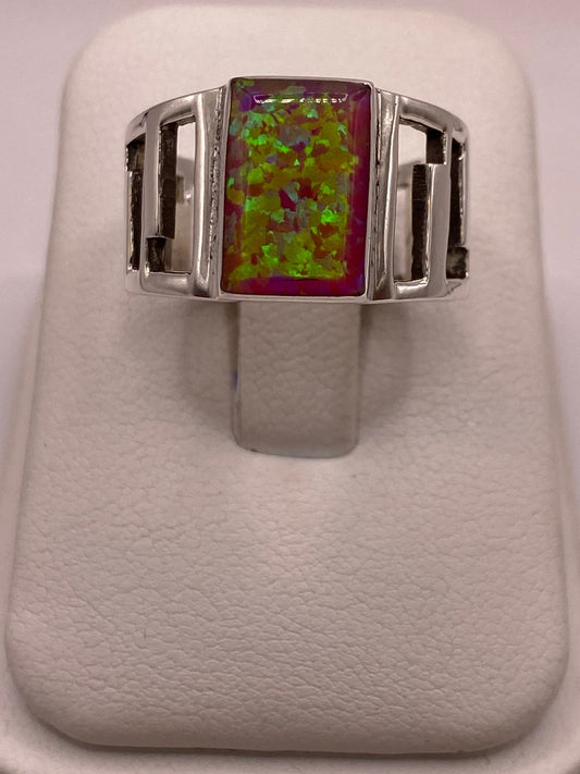 Anillo Ancho con Ópalo de Fuego Rosa, Amarillo y Verde en Plata .950, vista frontal