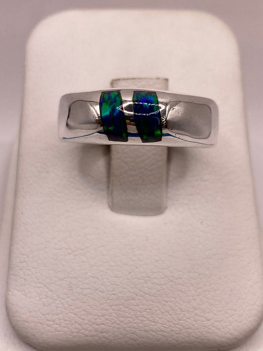 Anillo Banda en Plata Ley 925 con Ópalo de Fuego Azul-verde, vista frontal