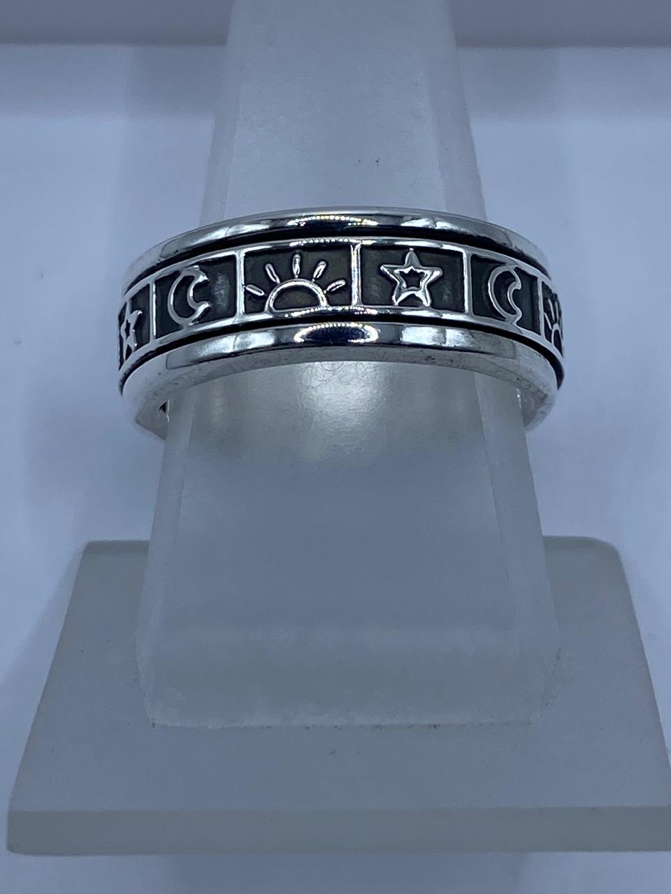 💍 Anillo Giratorio de Plata 925 con Diseño Sol, Luna y Estrell