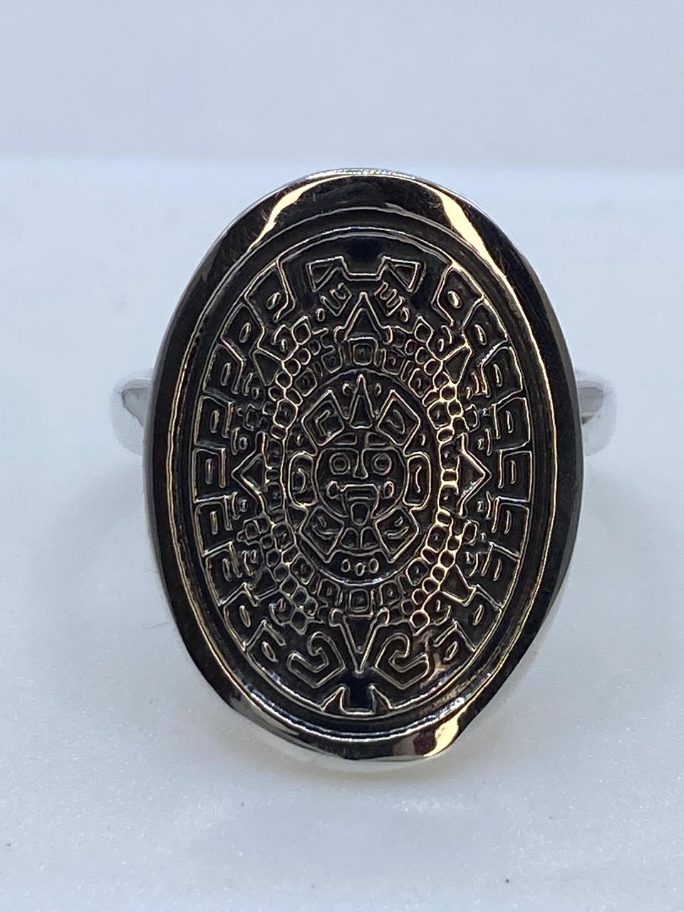 🌞 Anillo Ovalado Calendario Azteca en Plata .925