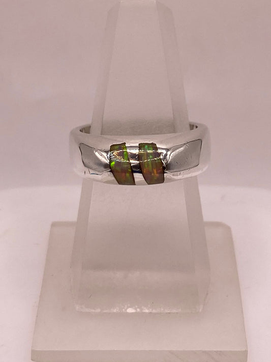Anillo Plata Ley 925 con Ópalo de Fuego Diseño Moderno de Doble Incrustación, vista frontal