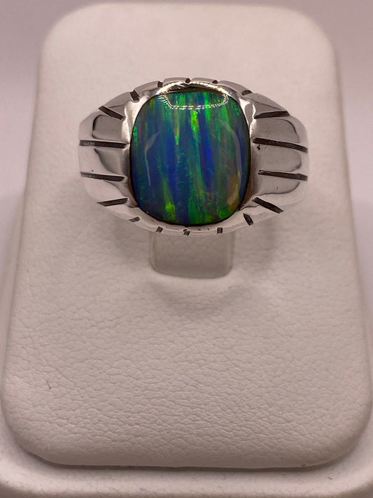 Anillo Plata Ley 925 con Ópalo de Fuego Diseño Moderno con Incrustación, vista frontal