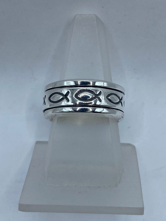 Anillo Giratorio de Plata 925 con Símbolo Ichthys (Pez Cristiano), vista frontal