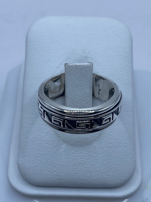 Banda spinner plata 925 con greca angular continua oxidada y rieles pulidos, hecho a mano Arte Taxco (