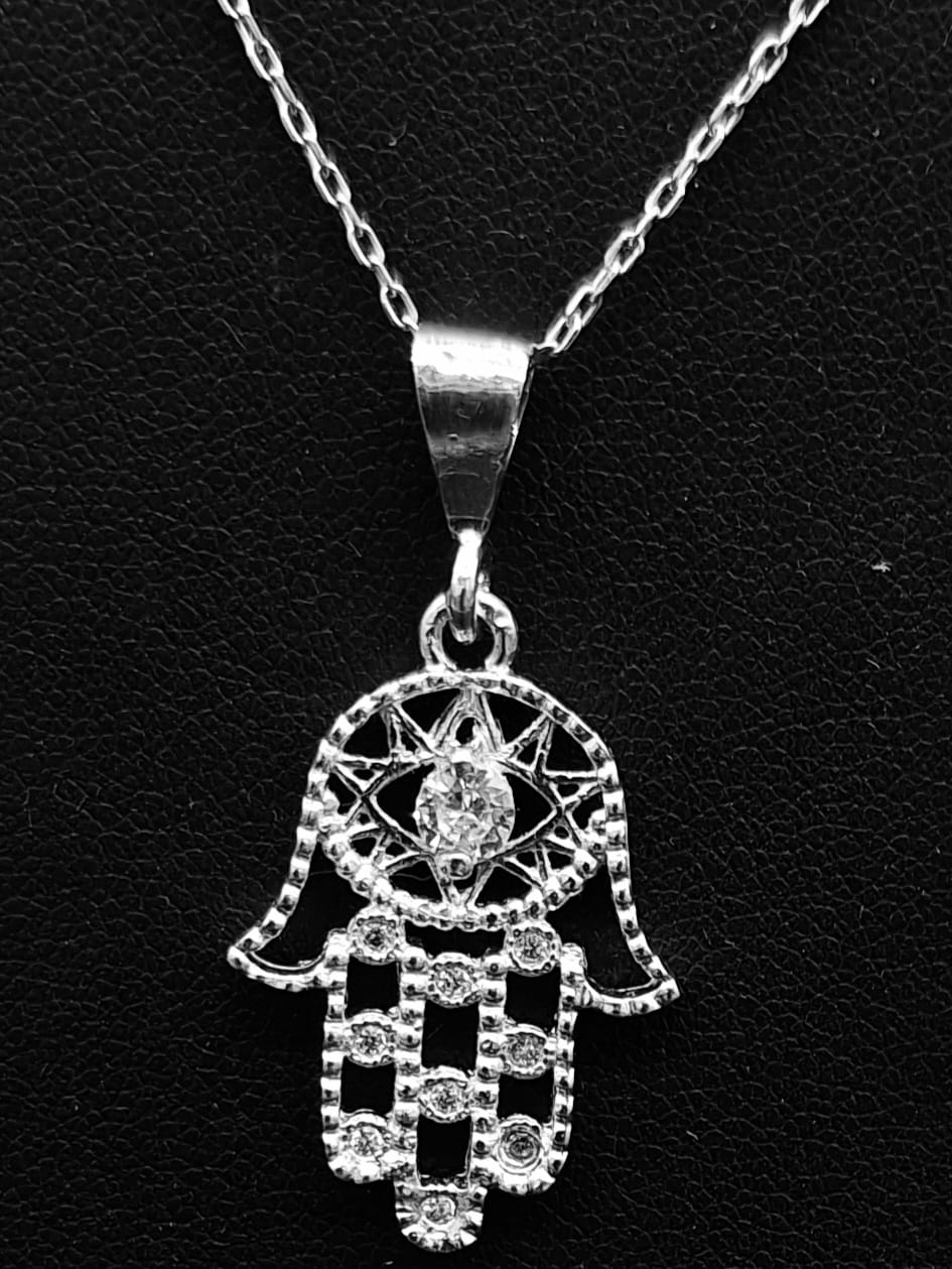 DIJE PLATA LEY 925, MANO DE FATIMA CON TOPACIO