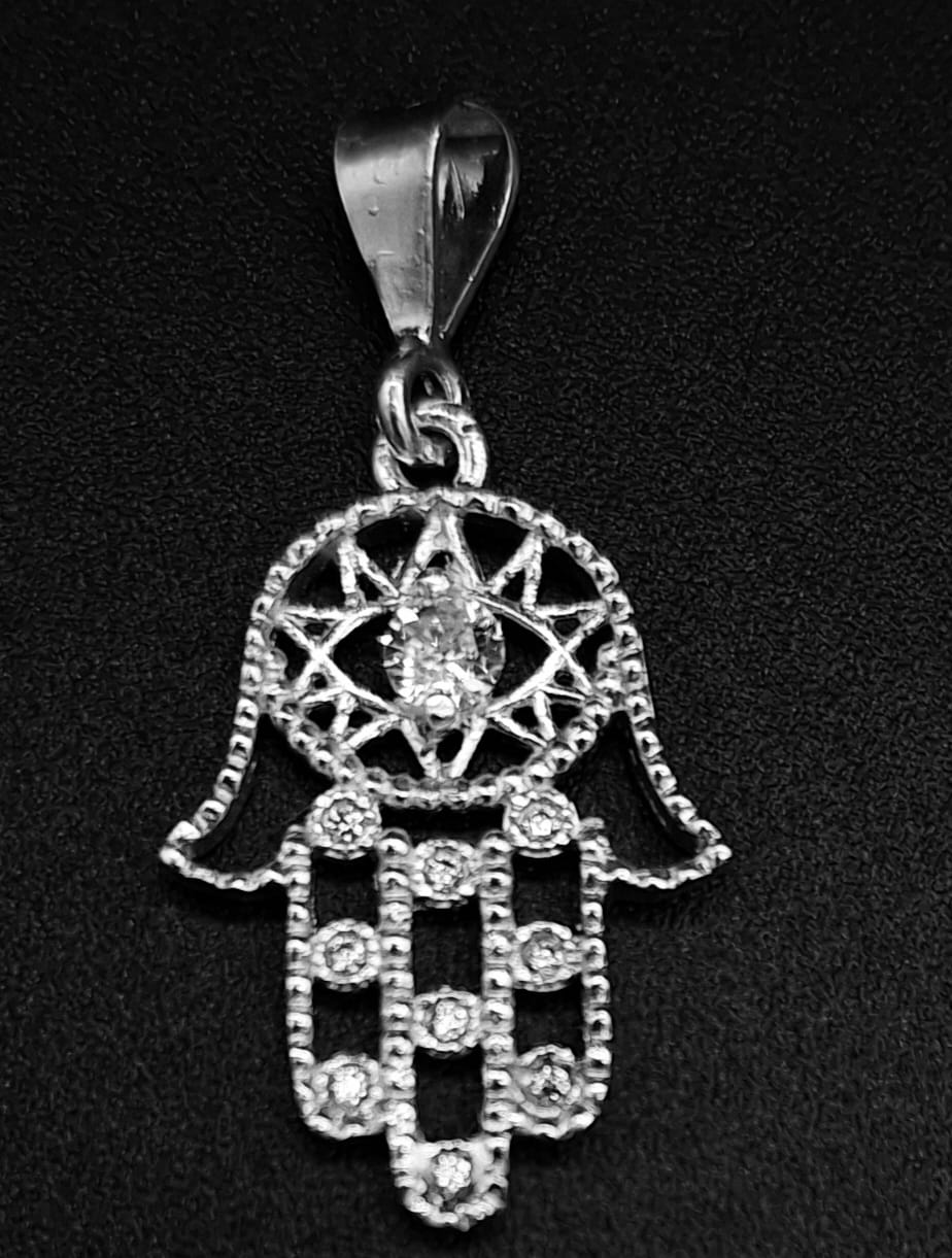 DIJE PLATA LEY 925, MANO DE FATIMA CON TOPACIO