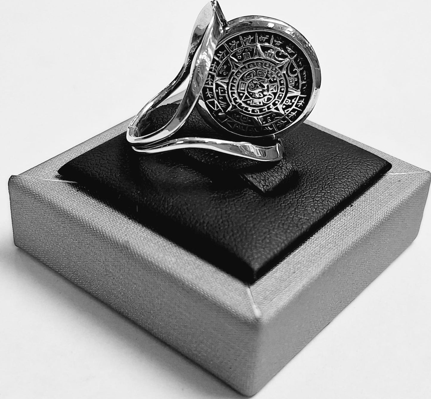 ANILLO DOBLE VISTA CALENDARIO MAYA Y AZTECA EN PLATA 925