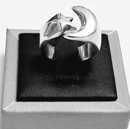 Anillo Luna y Estrella , Plata Ley 925, vista frontal