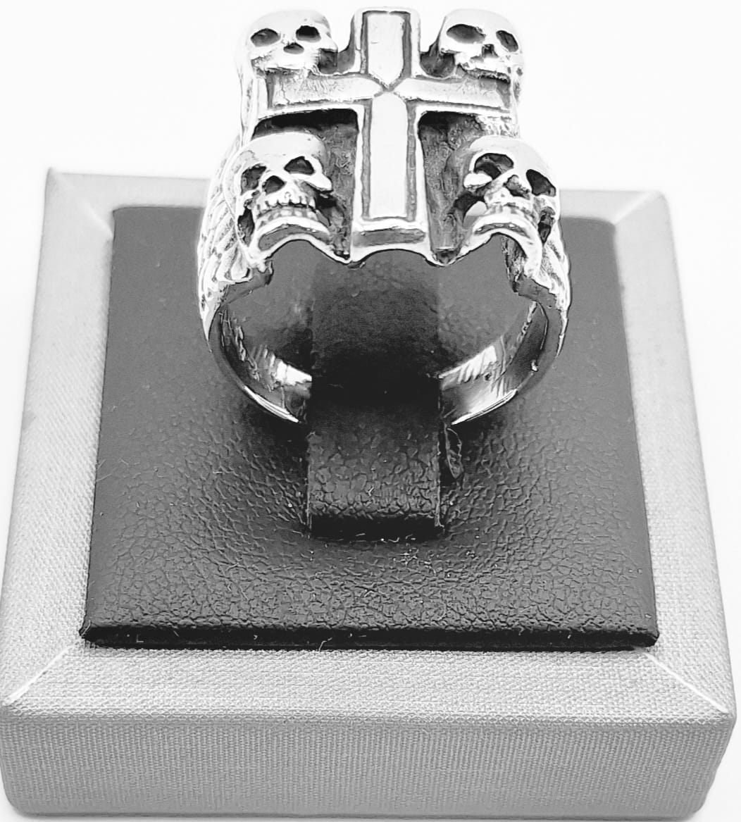 ANILLO CRUZ CON CALAVERA EN PLATA LEY 925