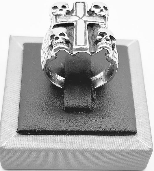 ANILLO CRUZ CON CALAVERA EN PLATA LEY 925