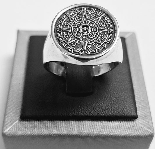 ANILLO CALENDARIO AZTECA EN PLATA LEY 950