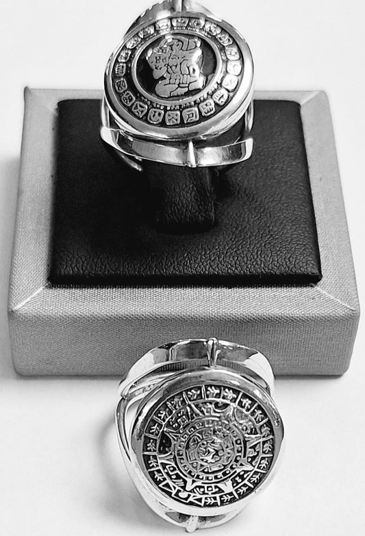 ANILLO DOBLE VISTA CALENDARIO MAYA Y AZTECA  EN PLATA 925