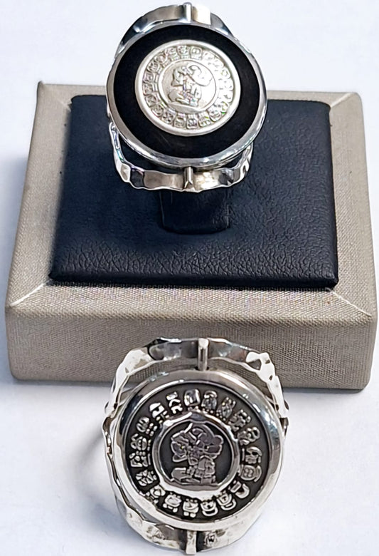 ANILLO MARTILLADO DOBLE VISTA  CALENDARIO MAYA EN PLATA LEY 925