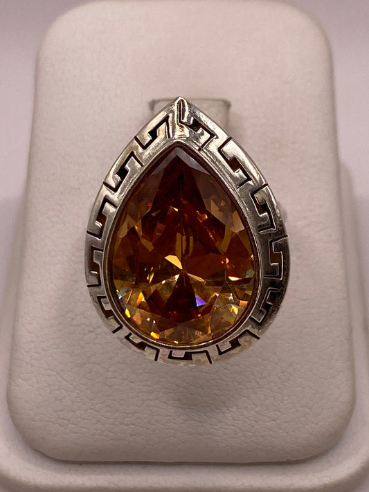 Anillo Ajustable de Plata Ley 925 con Zirconia Ámbar Tipo Gota
