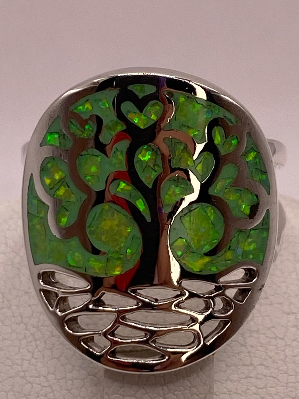 Anillo Árbol de la Vida con Ópalo de Fuego en Plata Ley .950