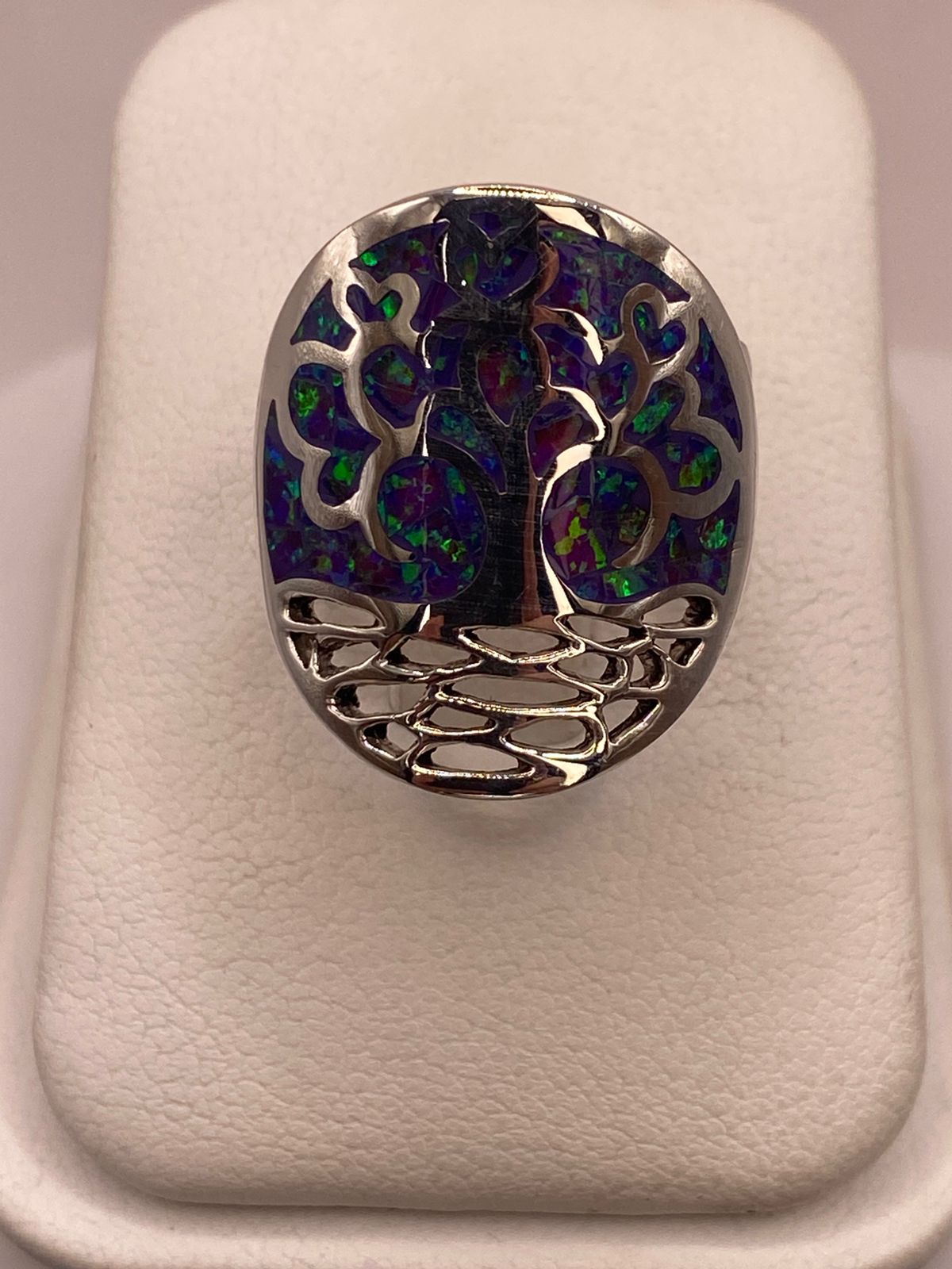 ANILLO ÁRBOL DE LA VIDA DE PLATA LEY 950 CON ÓPALO DE FUEGO
