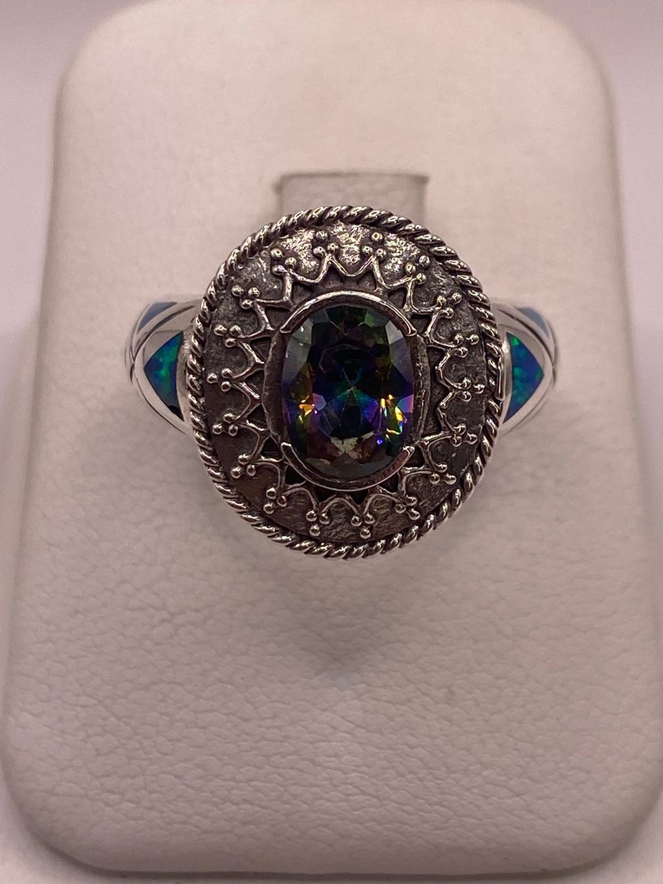 ANILLO ARTESANAL CON ÓPALO DE FUEGO, ZIRCONIA Y MARQUESITA EN PLATA LEY .950