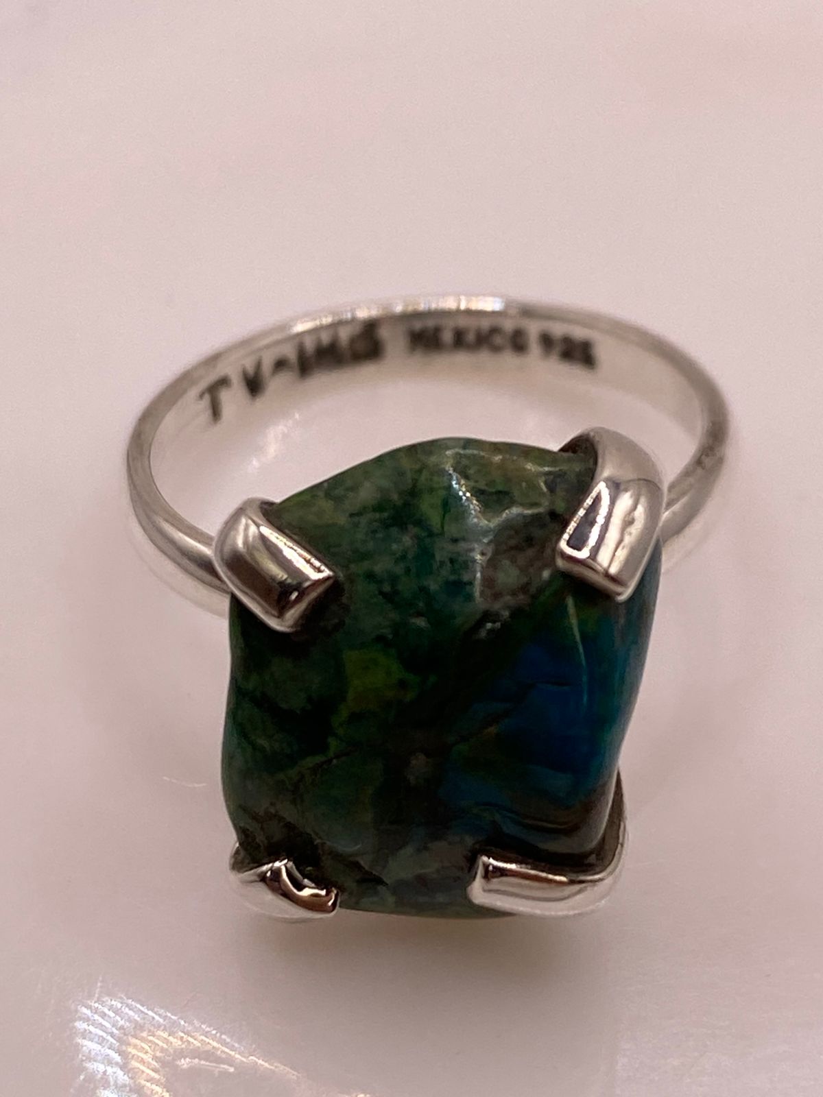 Anillo Artesanal de Plata Ley 925 con Crisocola y Malaquita
