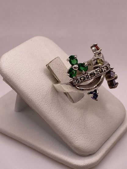 Anillo Artístico Multicolor con Marquesitas y Zirconias en Plata Ley 925, sello de autenticidad Plata Ley .925