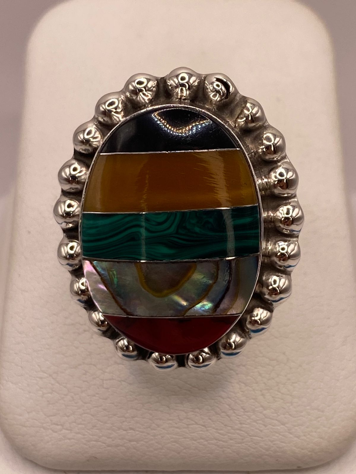 ANILLO ARTÍSTICO DE PLATA LEY 925 CON MOSAICO DE PIEDRAS NATURALES