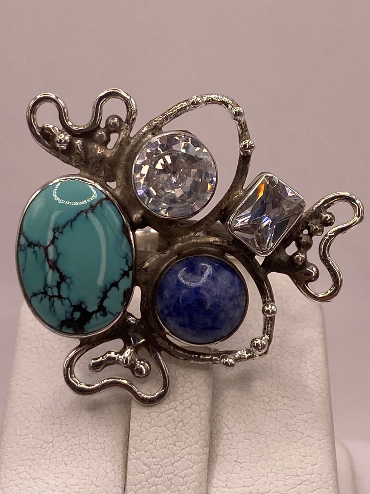 Anillo Artístico de Plata Ley 925 con Turquesa, Sodalita y Zirconias