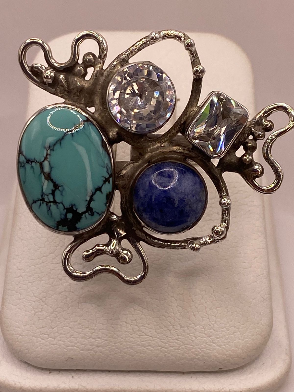 Anillo Artístico de Plata Ley 925 con Turquesa, Sodalita y Zirconias