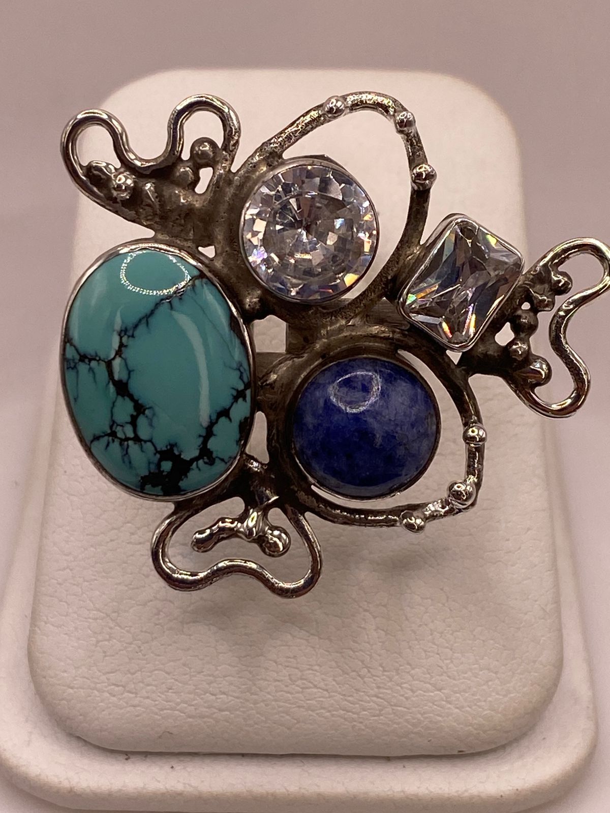 Anillo Artístico de Plata Ley 925 con Turquesa, Sodalita y Zirconias