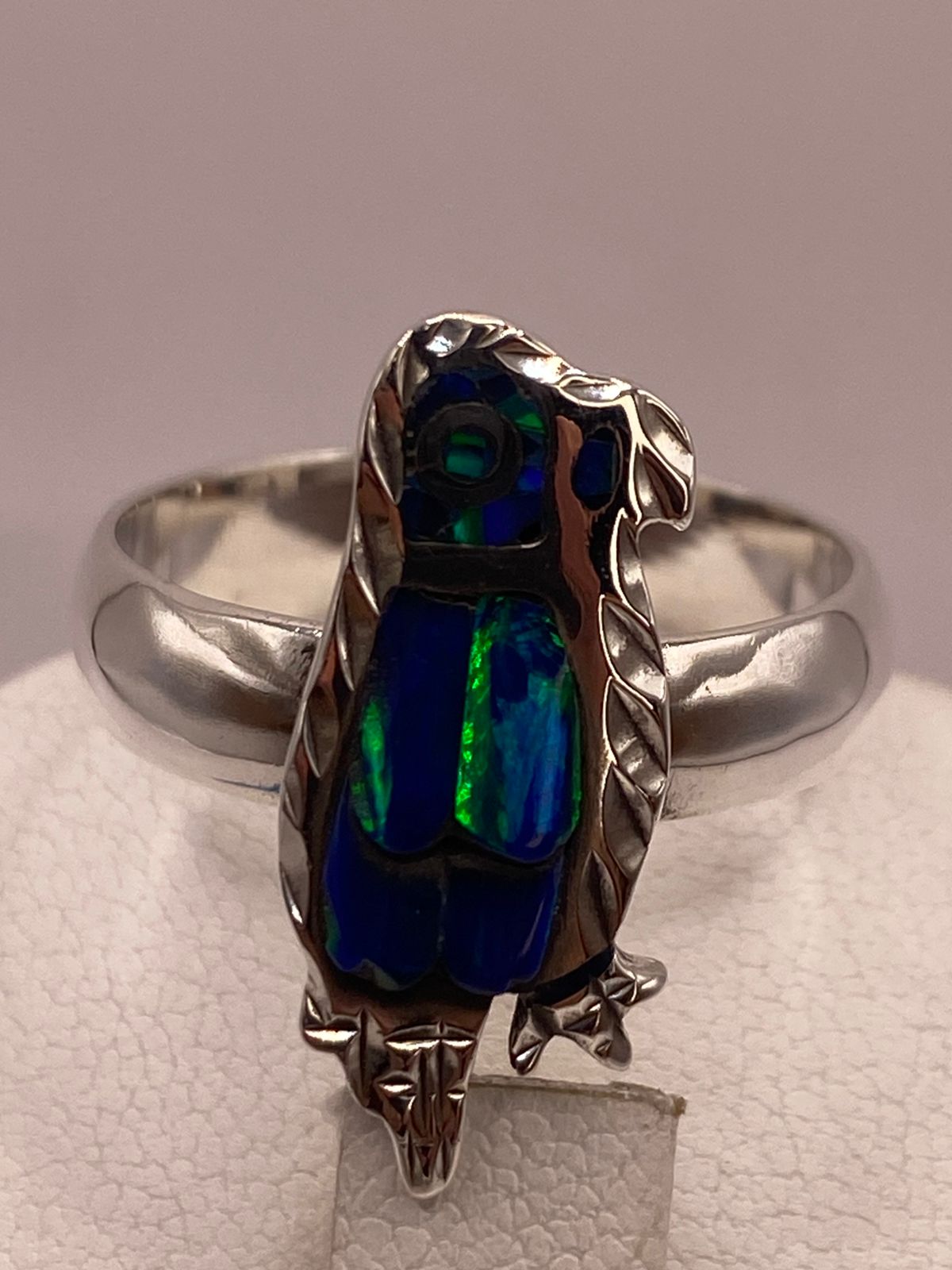 Anillo de Ave de Plata Ley 950 con Ópalo Azul Verde