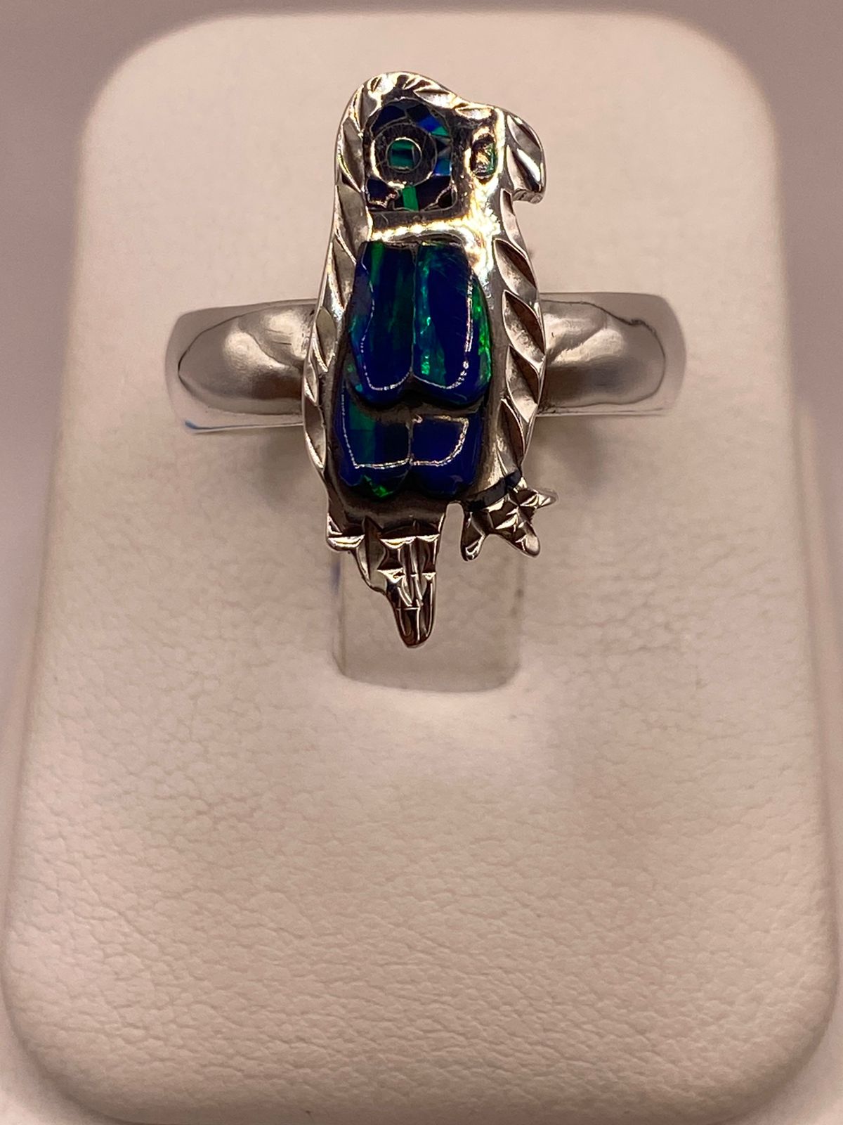 Anillo de Ave de Plata Ley 950 con Ópalo Azul Verde