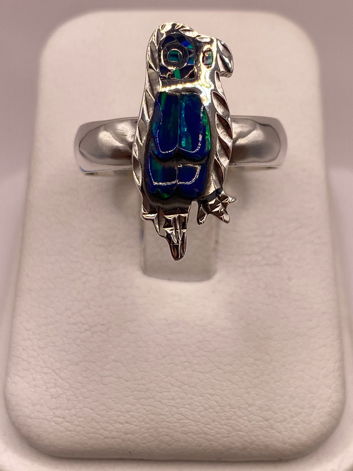 Anillo de Ave de Plata Ley 950 con Ópalo Azul Verde