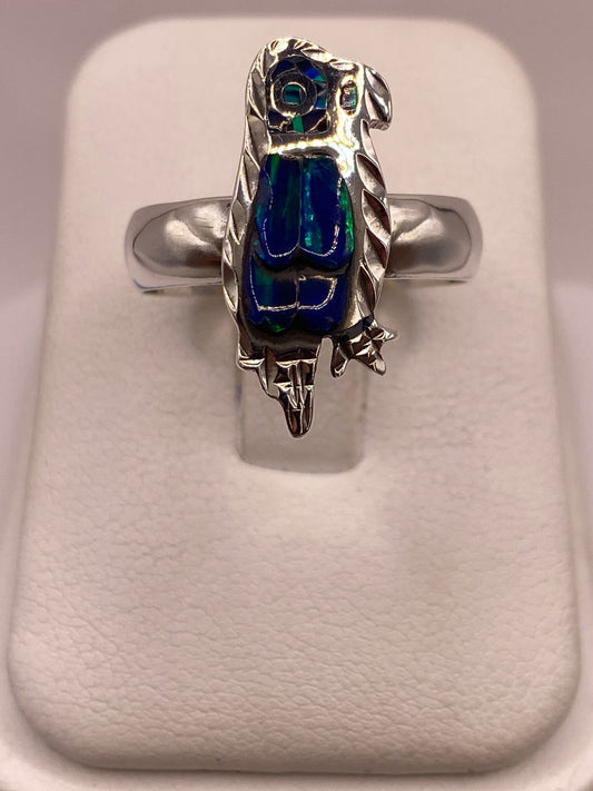 Anillo de Ave de Plata Ley 950 con Ópalo Azul Verde, vista frontal