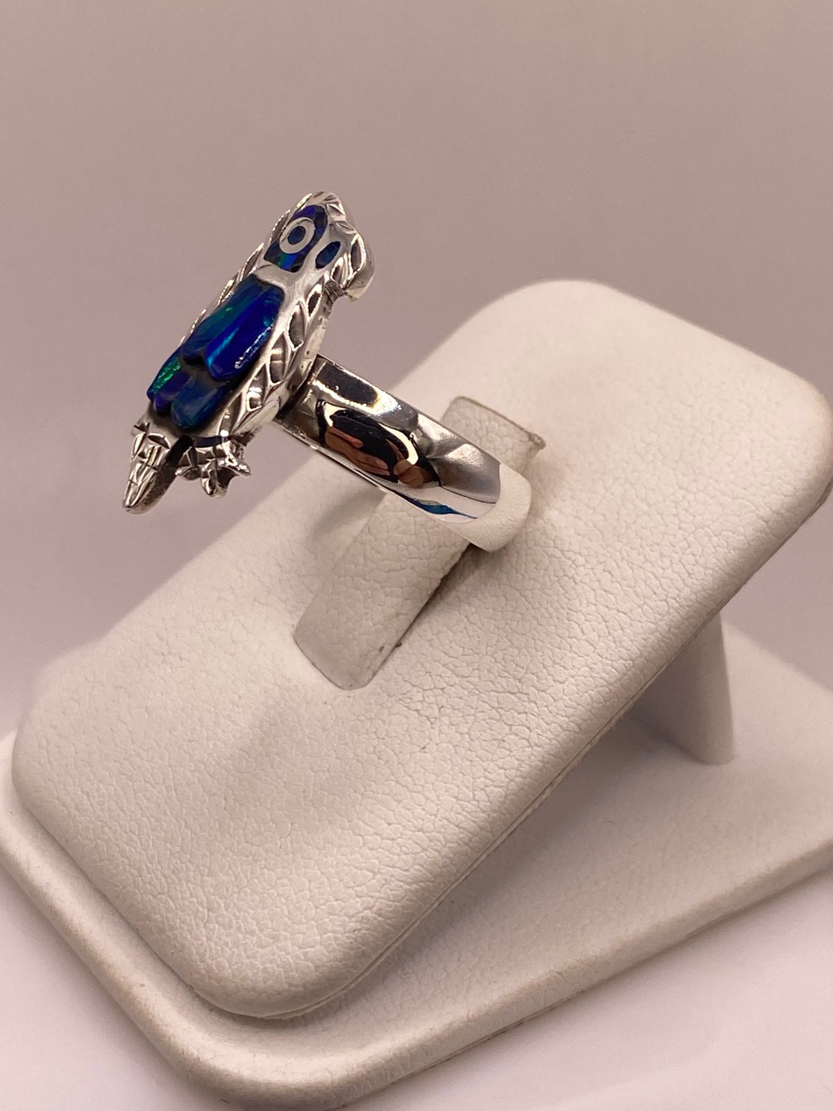 Anillo de Ave de Plata Ley 950 con Ópalo Azul Verde