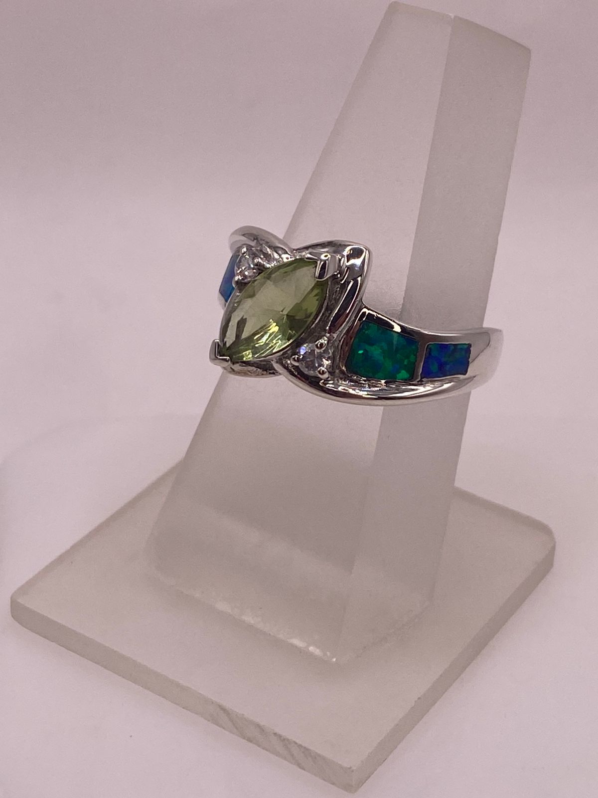 ANILLO BYPASS ÓPALO AZUL & ZIRCONIA  PERIDOTO  PLATA 925