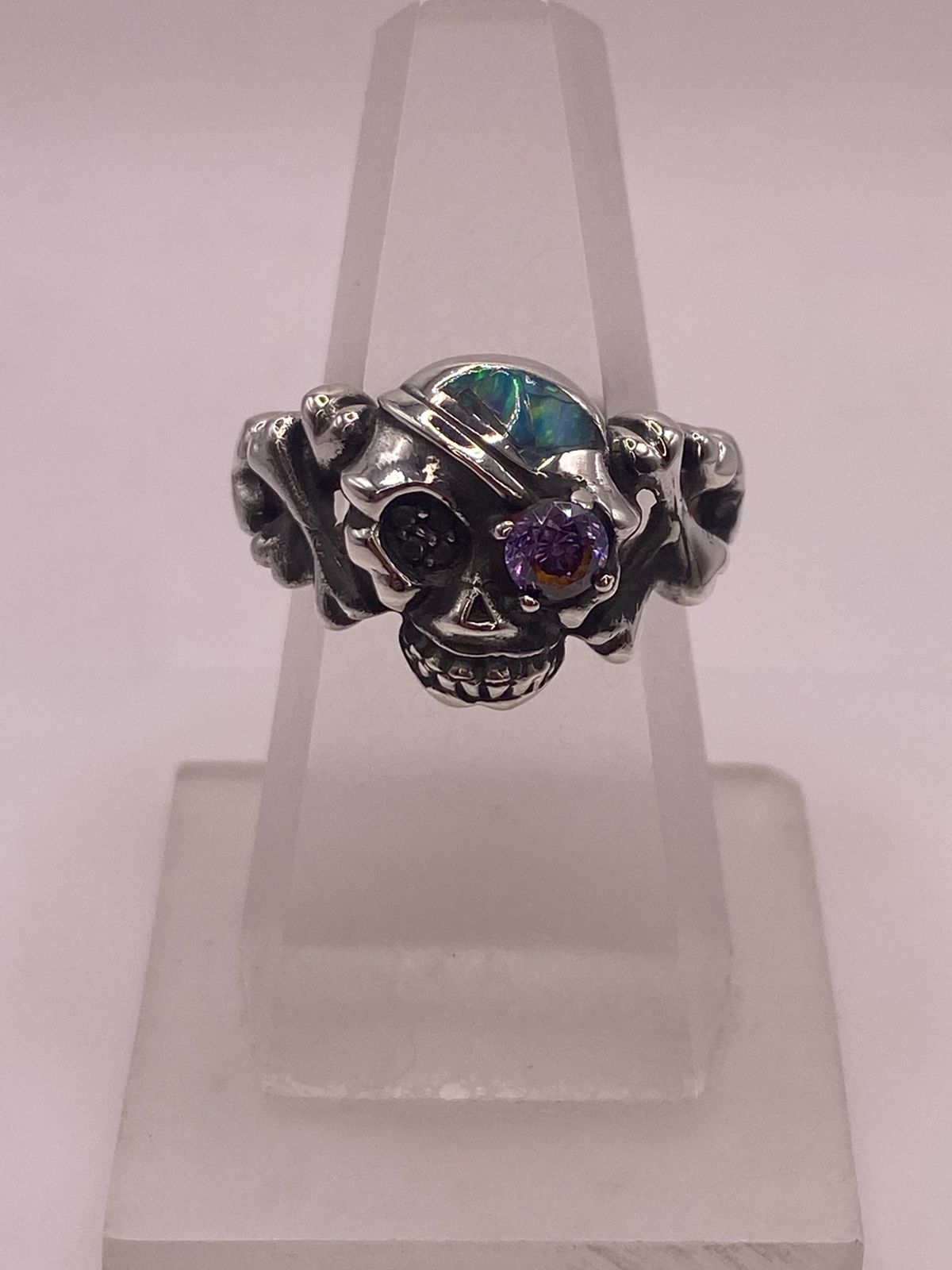 Anillo Calavera Ópalo Verde & Zirconia Amatista Plata 950