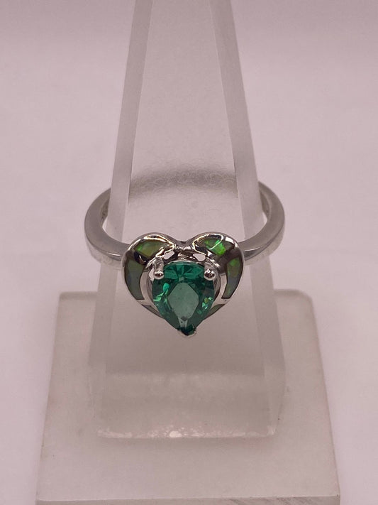 💍💚ANILLO CORAZÓN ÓPALO VERDE & ZIRCONIA ESMERALDA  PLATA 925