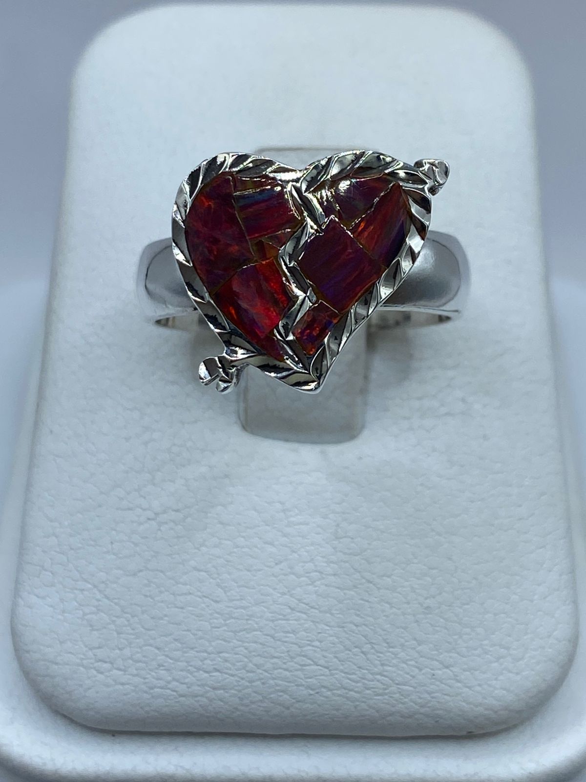 Anillo Corazón Partido de Plata Ley 925 con Ópalo de Fuego