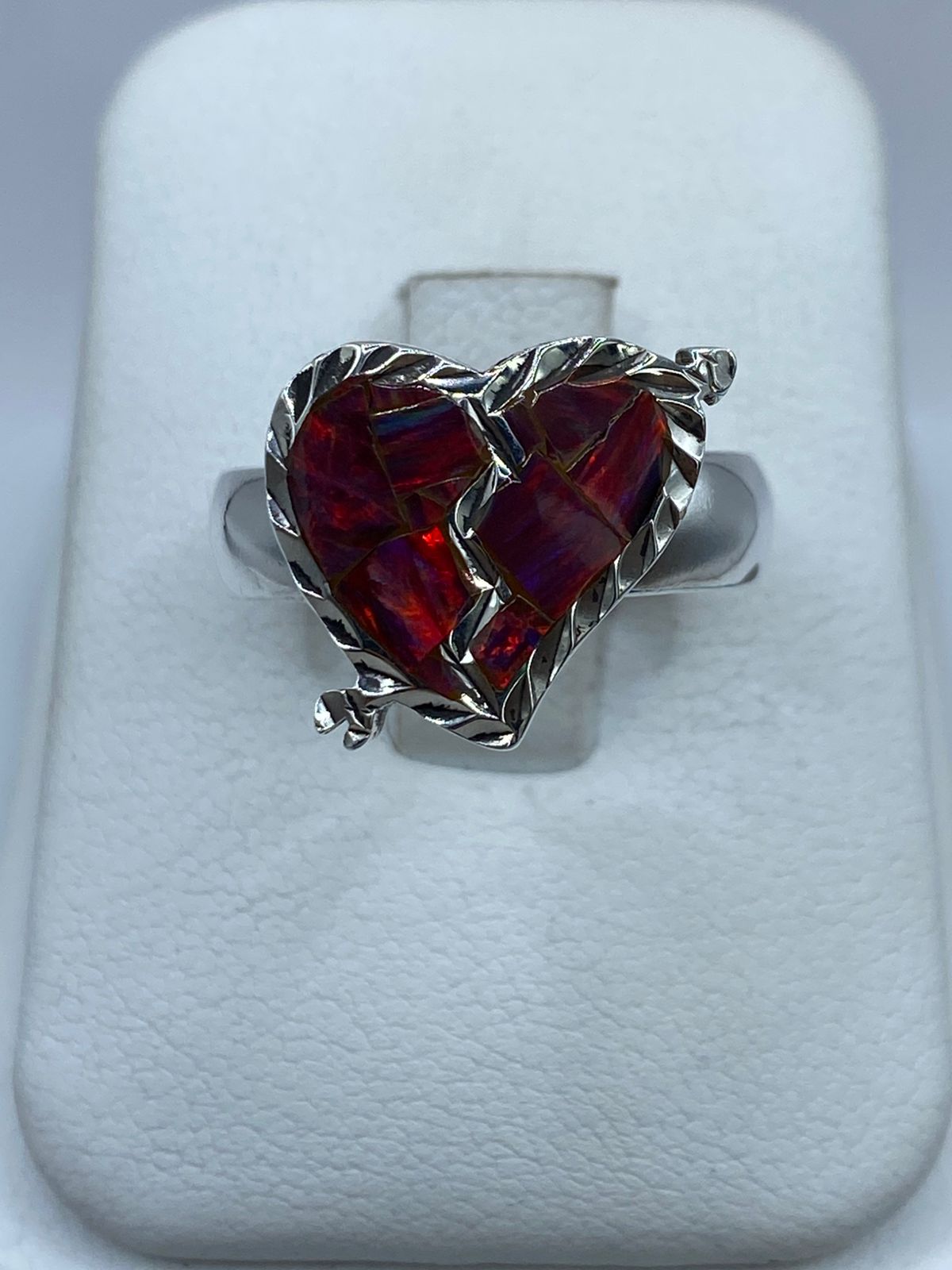 Anillo Corazón Partido de Plata Ley 925 con Ópalo de Fuego