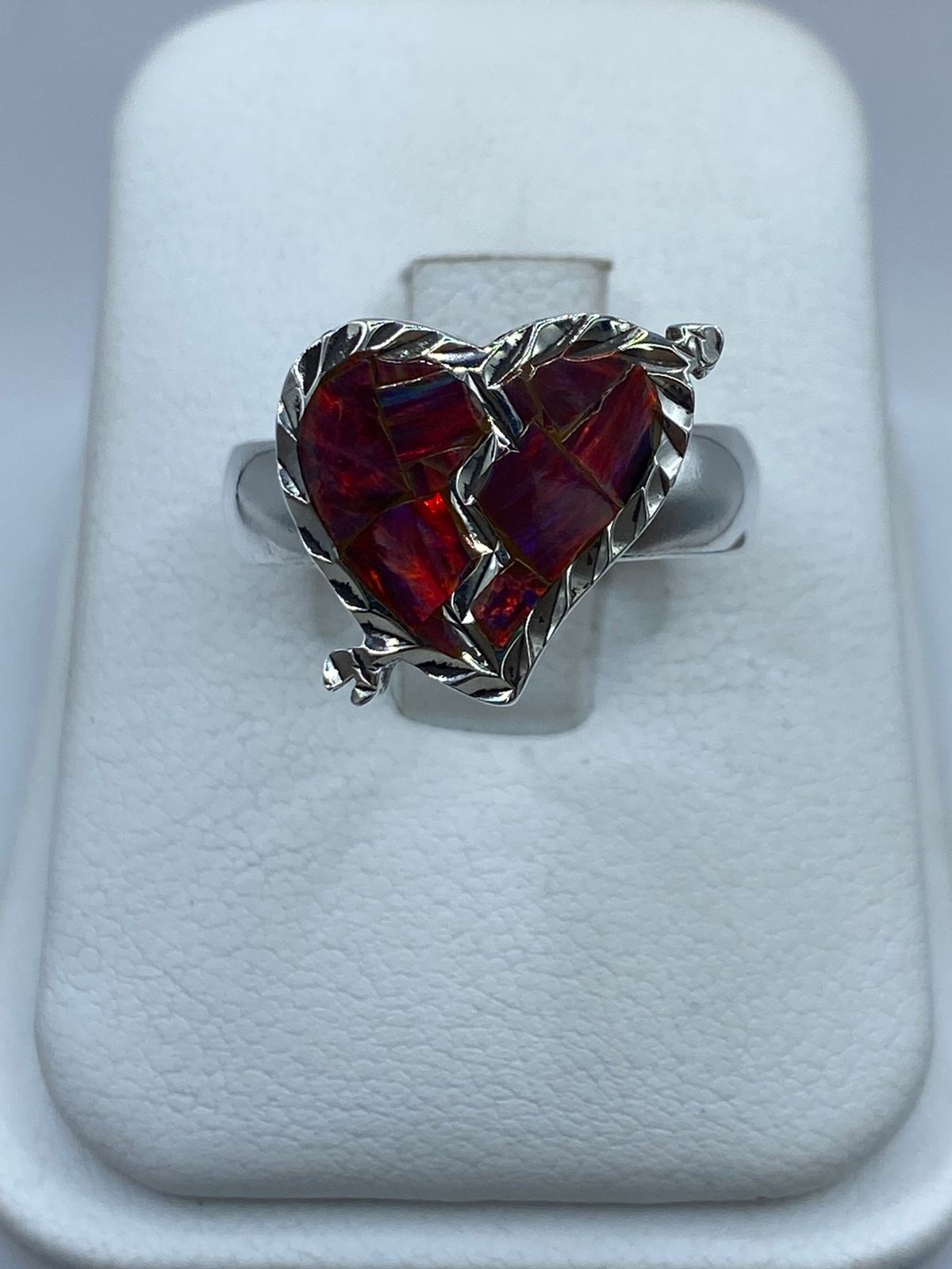Anillo Corazón Partido de Plata Ley 925 con Ópalo de Fuego