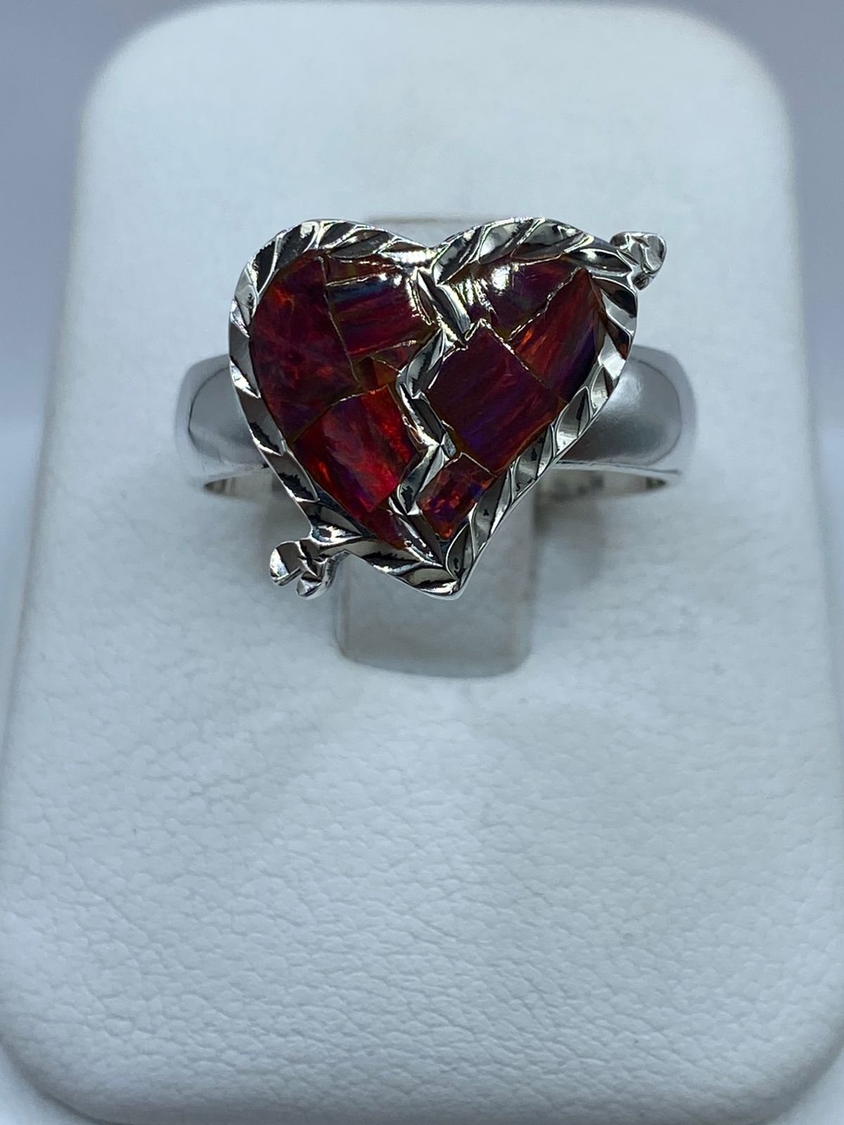 Anillo Corazón Partido de Plata Ley 925 con Ópalo de Fuego