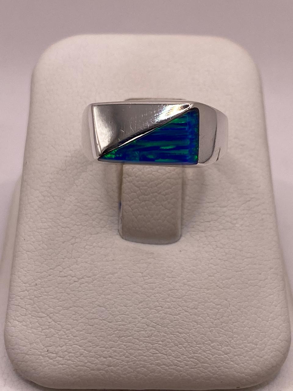 Anillo Geométrico de Ópalo Azul y Verde en Plata Ley 950