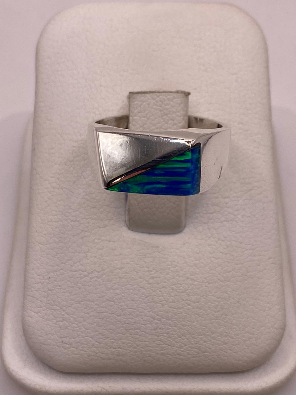 Anillo Geométrico de Ópalo Azul y Verde en Plata Ley 950