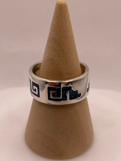 Anillo Greca Azteca de Plata .925 con Incrustación Azul